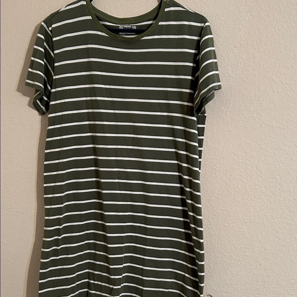 Pact Striped Olive Green & White T-Shirt Dress Granola Outdoors Casual